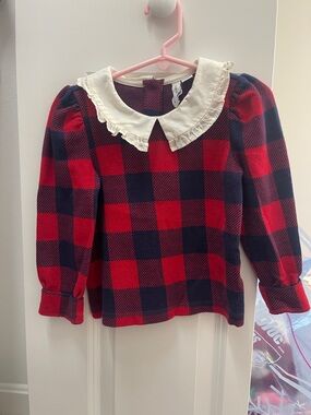 Janie and Jack Red & Navy Buffalo Plaid Long-Sleeve Top with Cream Ruffle Collar